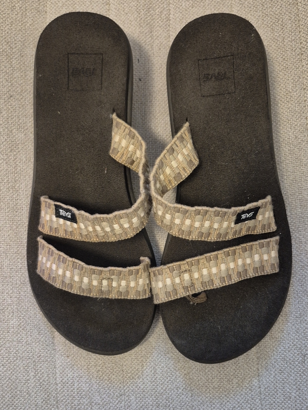 Teva Beige and Black Double Strap Slide Sandals